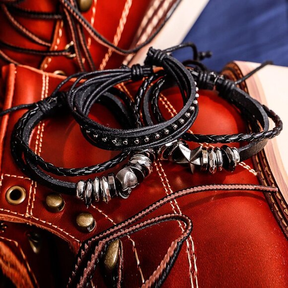 6Pcs Punk Leather Bracelets Women Men Braided Skull Accessories Adjustable - Picture 5 of 7